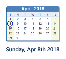 April 8, 2018 calendar