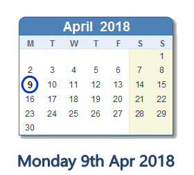 April 9, 2018 calendar
