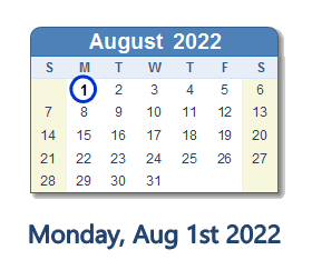 august 2022 calendar days monday holidays