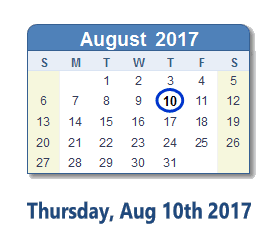 August 10, 2017 calendar