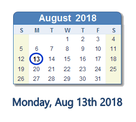 August 13, 2018 calendar