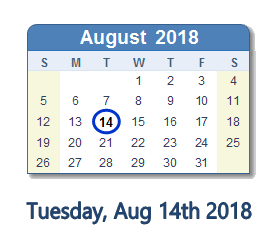August 14, 2018 calendar