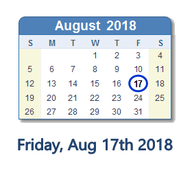 August 17, 2018 calendar