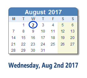 August 2, 2017 calendar