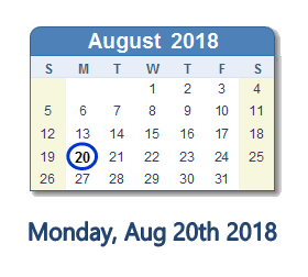 August 20, 2018 calendar