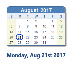 August 21, 2017 calendar
