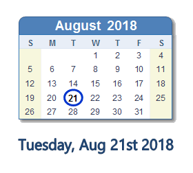 August 21, 2018 calendar