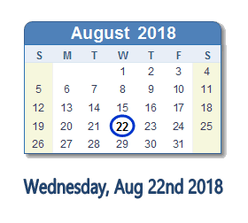 August 22, 2018 calendar