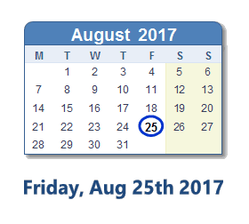 August 25, 2017 calendar