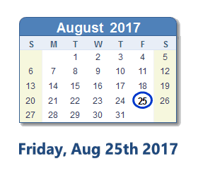 August 25, 2017 calendar