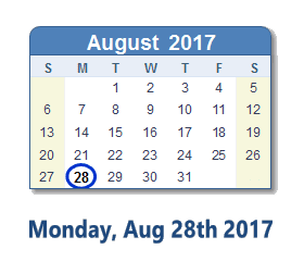 August 28, 2017 calendar