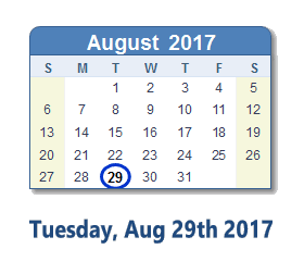 August 29, 2017 calendar