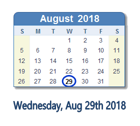 August 29, 2018 calendar