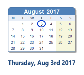 August 3, 2017 calendar