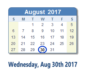 August 30, 2017 calendar
