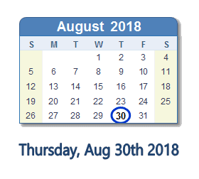 August 30, 2018 calendar