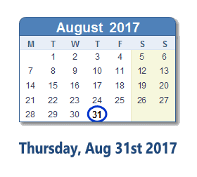 August 31, 2017 calendar