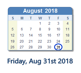 August 31, 2018 calendar