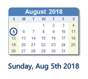 August 5, 2018 calendar