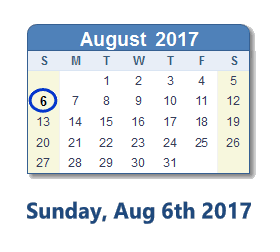 August 6, 2017 calendar