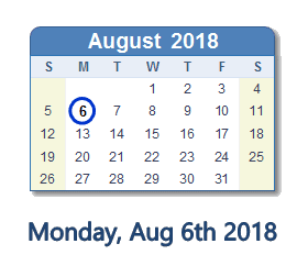 August 6, 2018 calendar