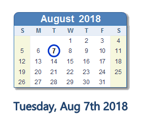 August 7, 2018 calendar