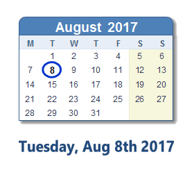 August 8, 2017 calendar