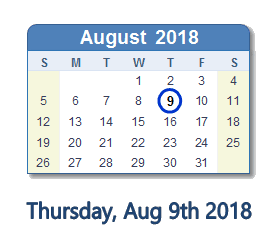 August 9, 2018 calendar