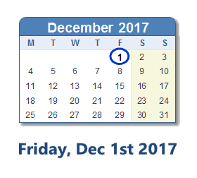 December 1, 2017 calendar