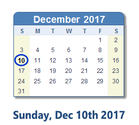 December 10, 2017 calendar