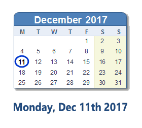 December 11, 2017 calendar