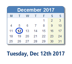 December 12, 2017 calendar