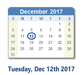 December 12, 2017 calendar