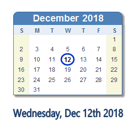 December 12, 2018 calendar