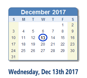December 13, 2017 calendar