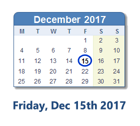 December 15, 2017 calendar