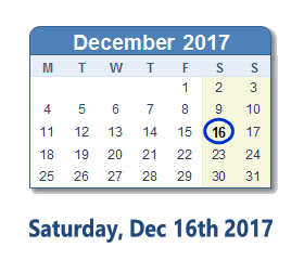 December 16, 2017 calendar