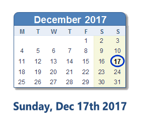 December 17, 2017 calendar