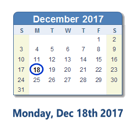 December 18, 2017 calendar