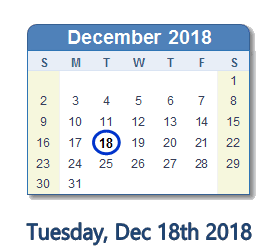December 18, 2018 calendar