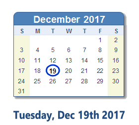December 19, 2017 calendar
