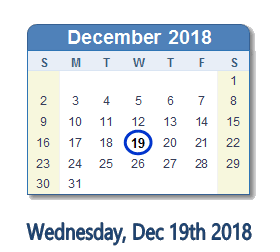 December 19, 2018 calendar