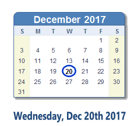 December 20, 2017 calendar