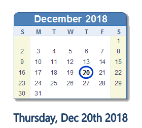 December 20, 2018 calendar
