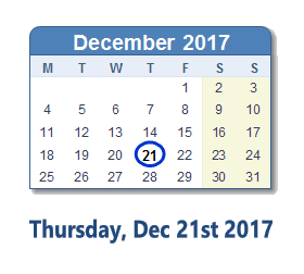 December 21, 2017 calendar