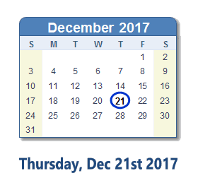 December 21, 2017 calendar