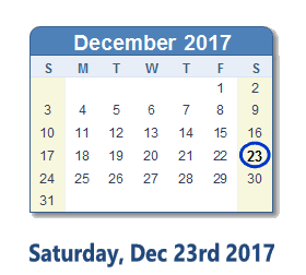 December 23, 2017 calendar