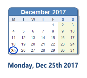 December 25, 2017 calendar