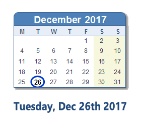 December 26, 2017 calendar