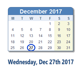 December 27, 2017 calendar